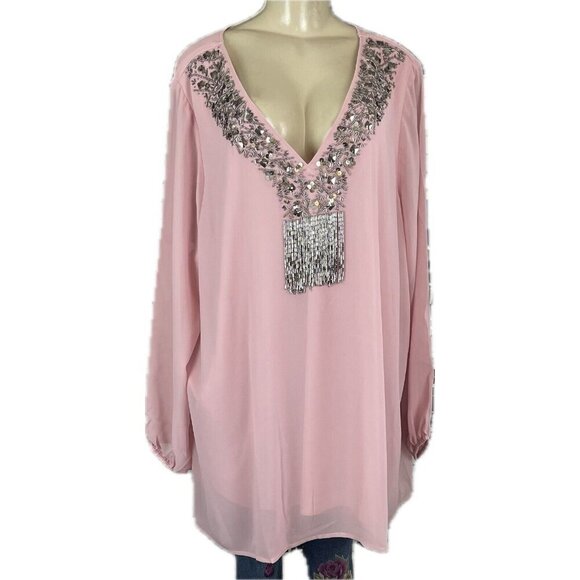 Roaman's +26W Pink Lined Metal Beaded Sequin V-Neckline Sheer Long Sleeve Blouse - Picture 2 of 6